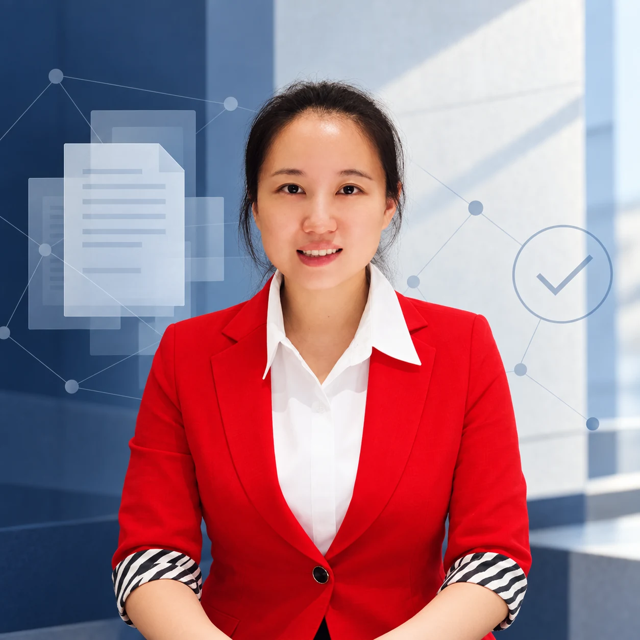 Robin Xie portrait with a conceptual document-verification illustration